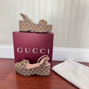 Gucci Horsebit GG Logo Canvas Platform Wedge Sandals Eu 37.5 US 7.5